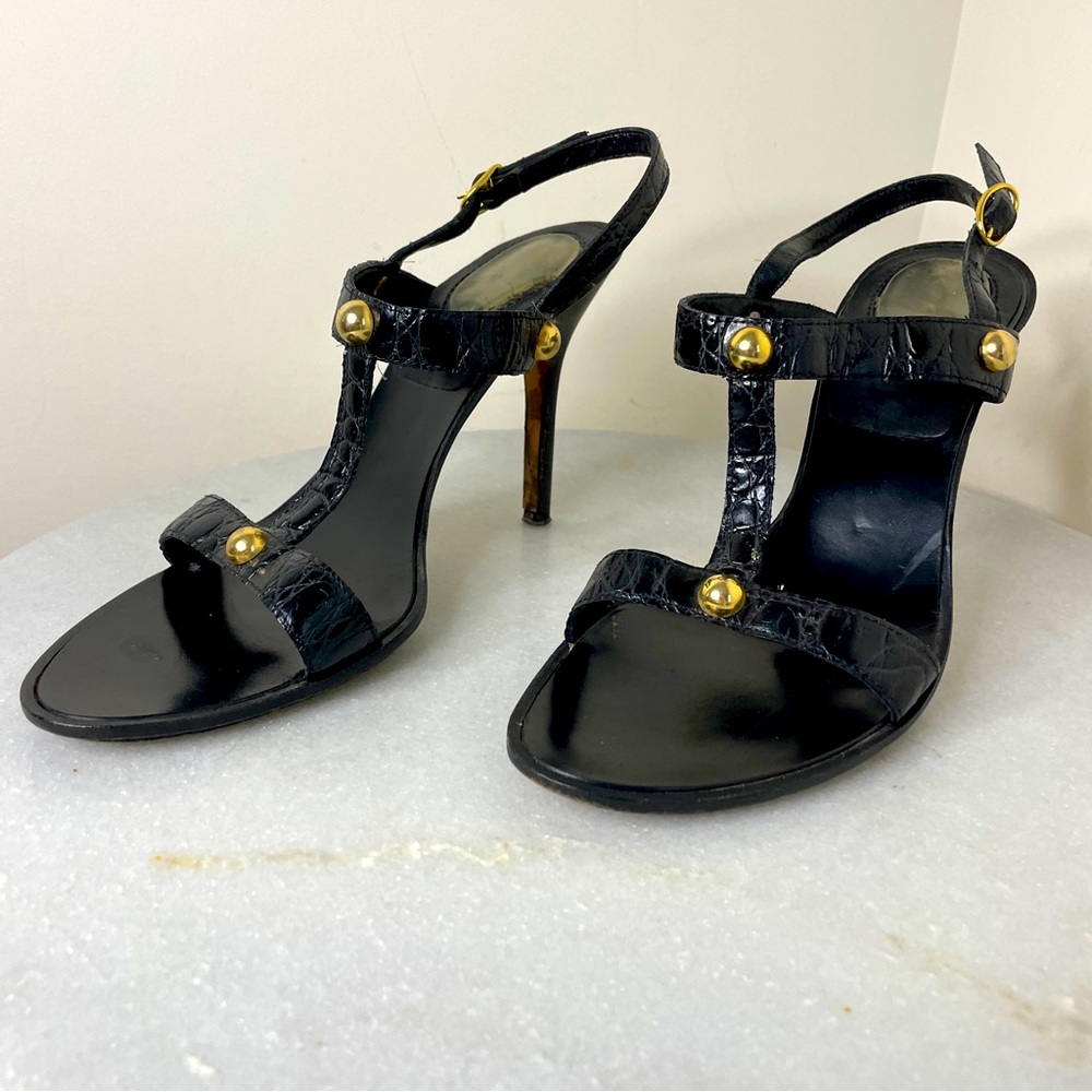 CASADEI Black Leather Croc Print Strappy Open Toe Heeled Sandals Sz 8 Gold Studs
